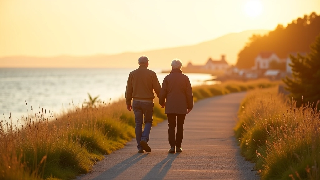 Seniori pastaigājas pa jūras piekrasti, Pāvilostas ostas fons